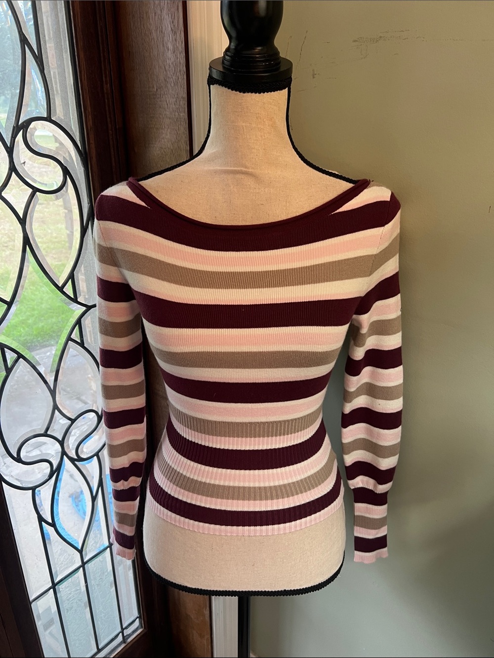 Pink Rose Off-Shoulder Striped Sweater in Burgundy, Pink & Cream
